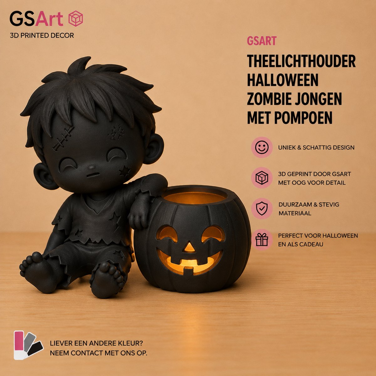 GSArt Theelichthouder Halloween Zombie Jongen met Pompoen – 3D Geprint – Inclusief LED Theelichtje