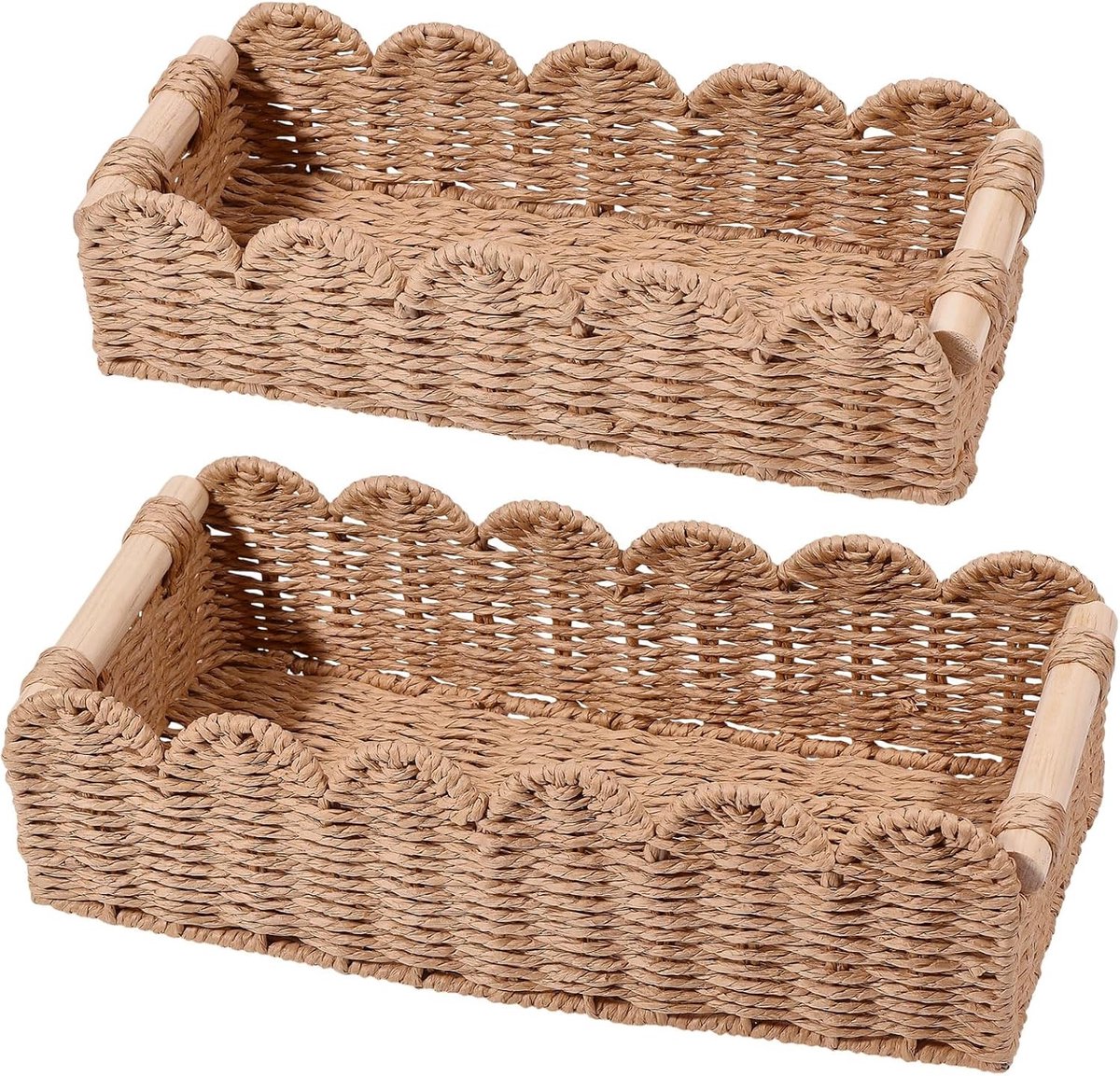 Set van 2 Golfvormige Wicker Mandjes in 2 Maten, Seagrass Opbergmanden voor Thuisorganisatie en Decoratie