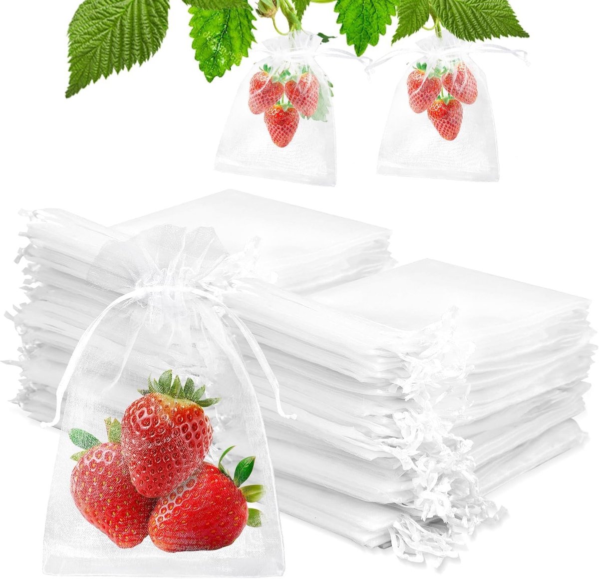 200 Stuks Herbruikbare Fruitbeschermzakken voor Aardbeien, Bescherming Tegen Insecten en Vogels, 10 x 15 cm, Wit met Trekkoord