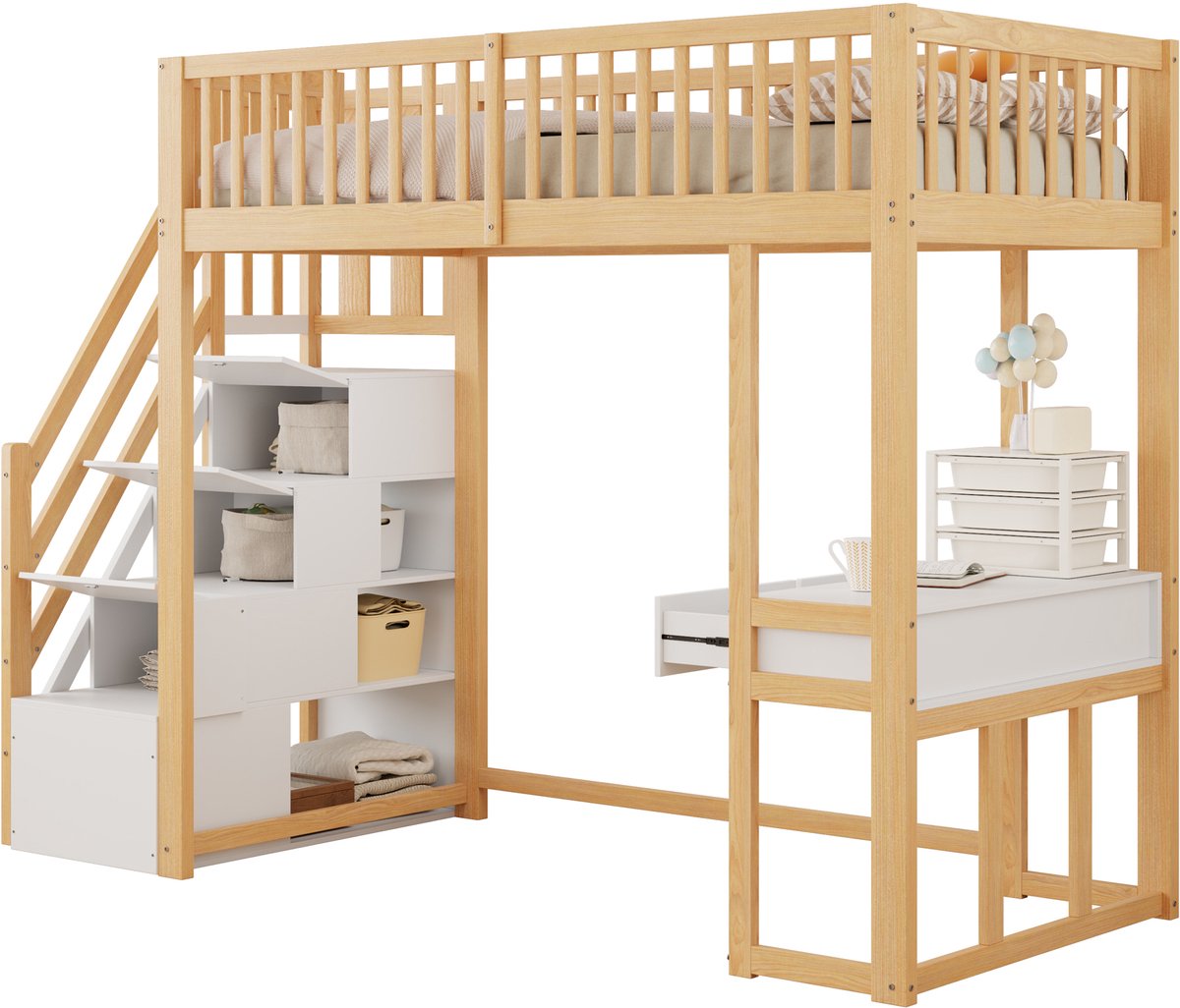 Hoogslaper - Hoogslaper Met Multifunctioneel Bureau - Veilige Opbergtrap - Massief Hout - 120kg - Kinderkamer - 90x200 cm - natuur