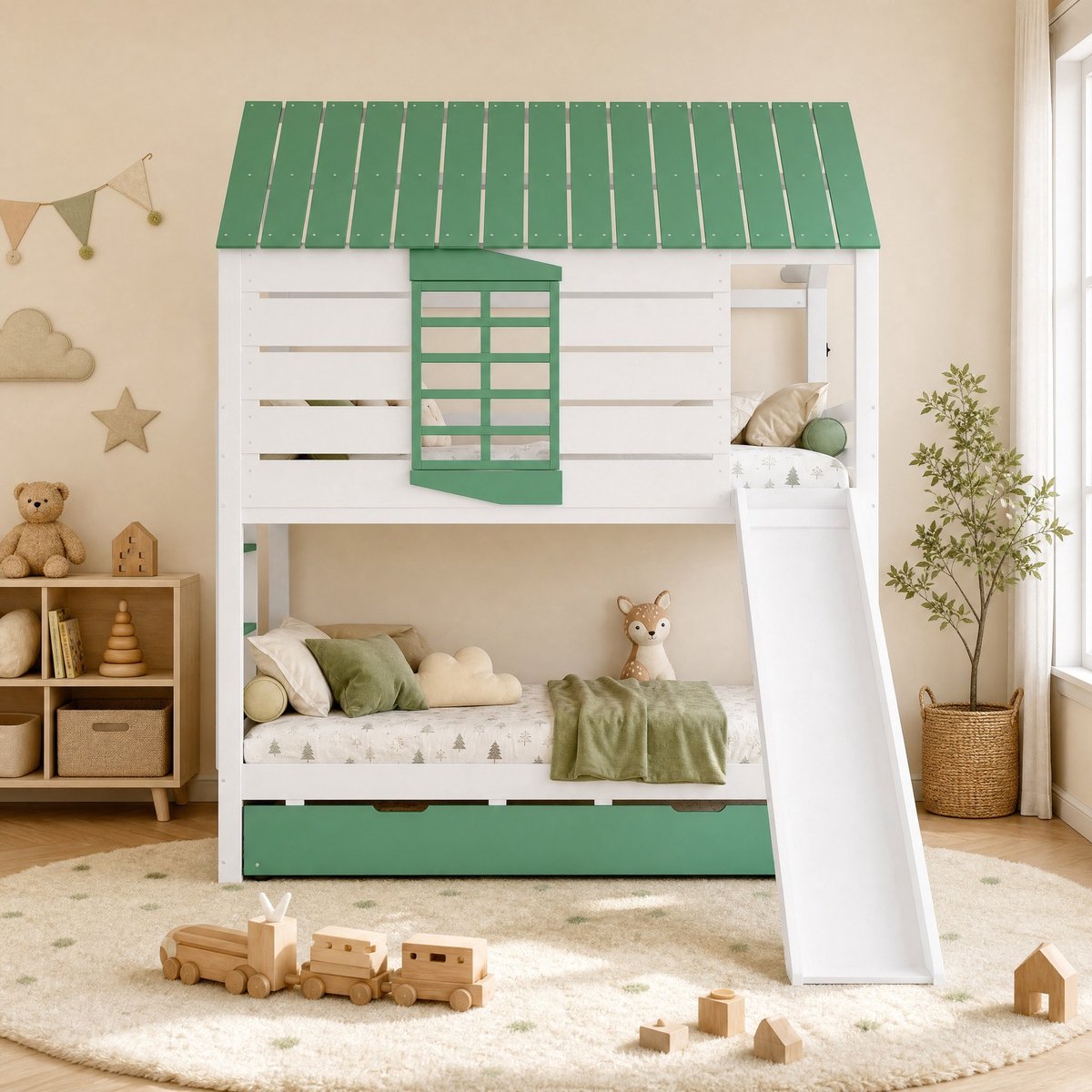 COVREO Huis-stapelbed met glijbaan – 205,4 x 236,5 x 228,6 cm – Kinderbed met ladder en uittrekbed – 90x200 cm – Wit Groen - zonder matras