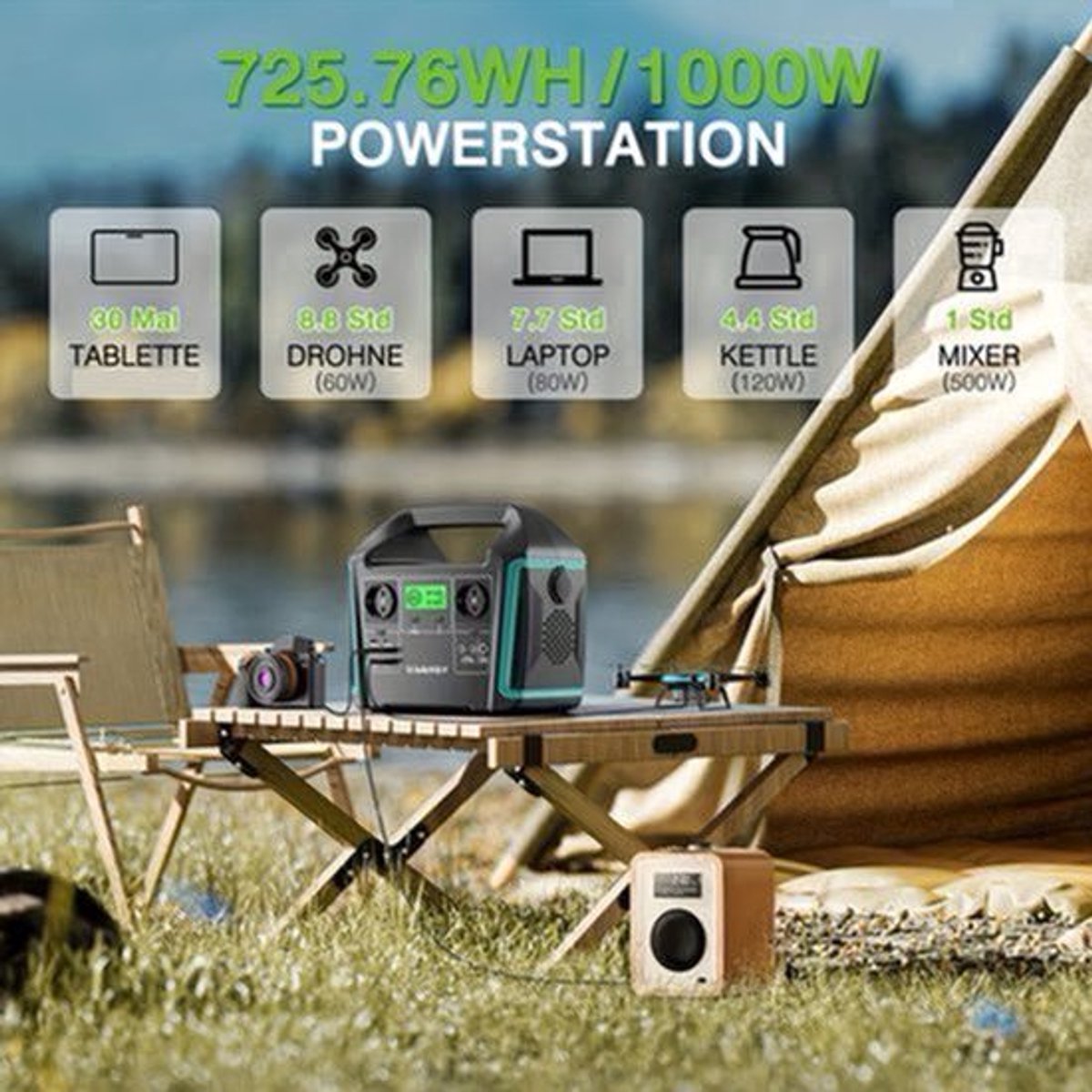 Draagbare Power Station – Mobiele Generator – Zonne-accu – Noodstroom – Camping Powerbank – 1000W Zuivere Sinus – 100W Zonnepaneel Inbegrepen