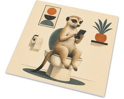 Mat Tegeltje Stokstaartje op Toilet met Telefoon Grappige Retro Badkamer Wanddecoratie met Dieren Illustratie en Plant Humoristisch Cadeau voor Kantoormedewerker en Toilet Wandtegel met Hanger 15x15 cm mat