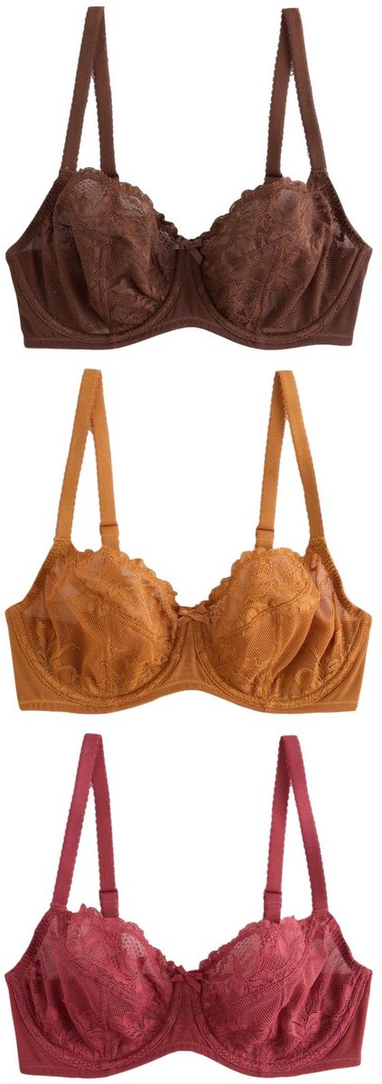 Next Dames - Set van 3 DD+ kanten balkonbeha's zonder vulling - Bruin Burgundy Red/Chocolate/Yellow