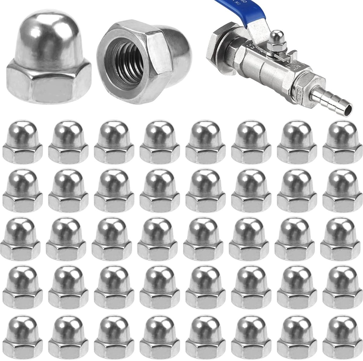 Cap Nuts M6 RVS - 60 Stuks Anti-Roest Hexagon Hoedmoeren voor Schroeven en Draadstangen, Duurzaam en Betrouwbaar