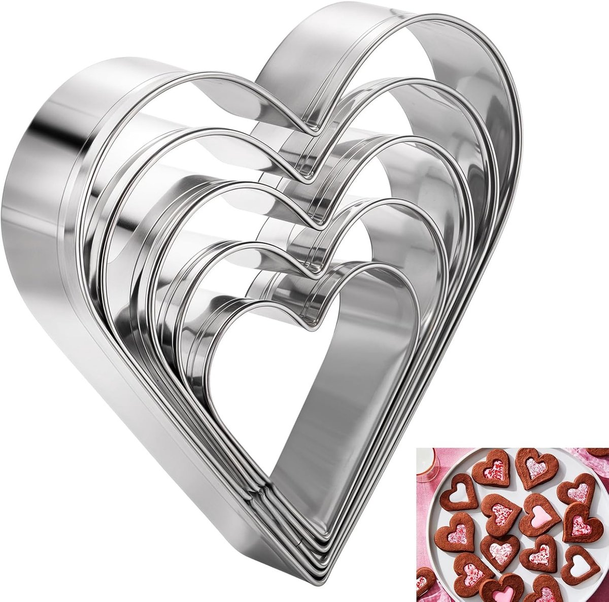 Set van 5 Hartvormige Koekjesuitsteekvormen van RVS, Perfect voor Valentijnsdag en Bakprojecten, Inclusief 8cm, 6.8cm, 5.8cm, 4.8cm en 3.8cm Maten