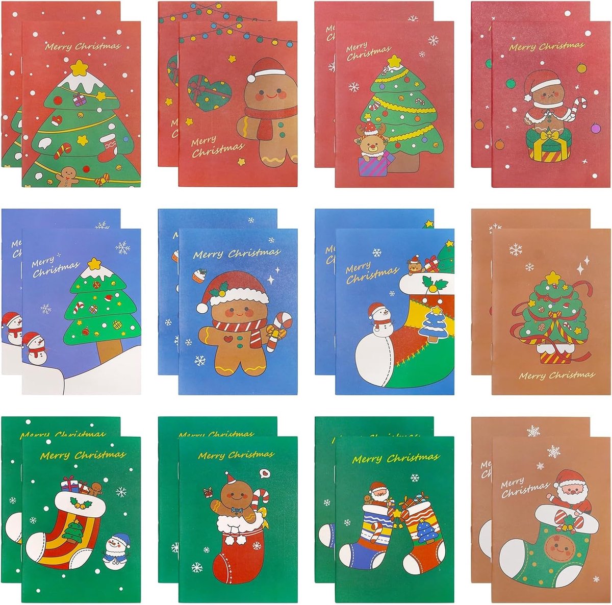 Mini Notepads voor Kerst - 24 Stuks Schattige Cartoon Notitieboekjes voor Kinderen - Draagbare Notitieblokken van Natuurlijk Papier voor Werk en School