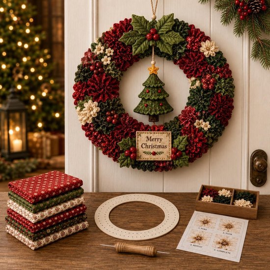 Kerstkrans van stof met kerstboom en 'Merry Christmas' bordje, naast knutselmaterialen.