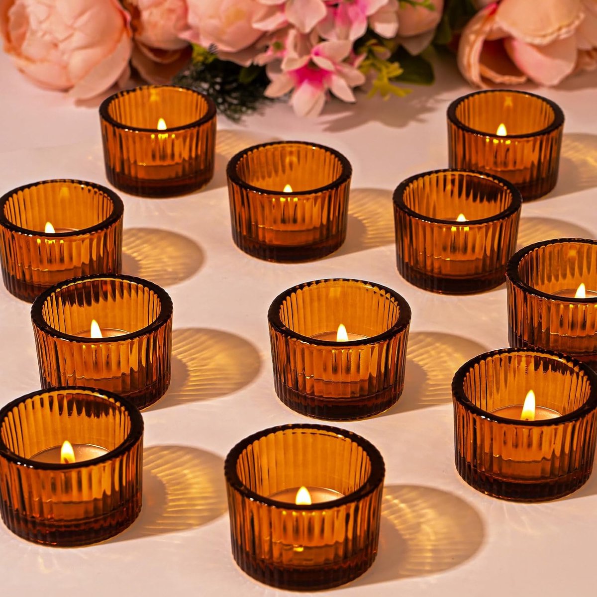 Theelichthouder - Set van 12 - Glas - Retro - Met LED