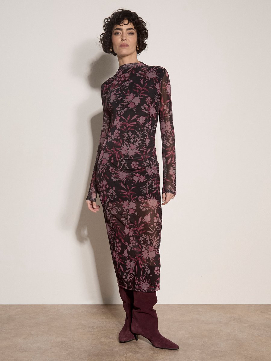 Midi-jurk van mesh met bloemenprint