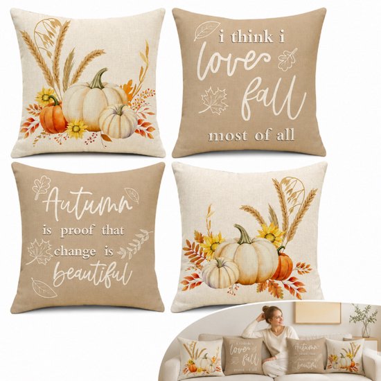 Set van 4 kussenhoezen met herfstprints: 2 met pompoenen en tarwearen, 2 met tekst ('I think I love fall' & 'Autumn is proof that change is beautiful').