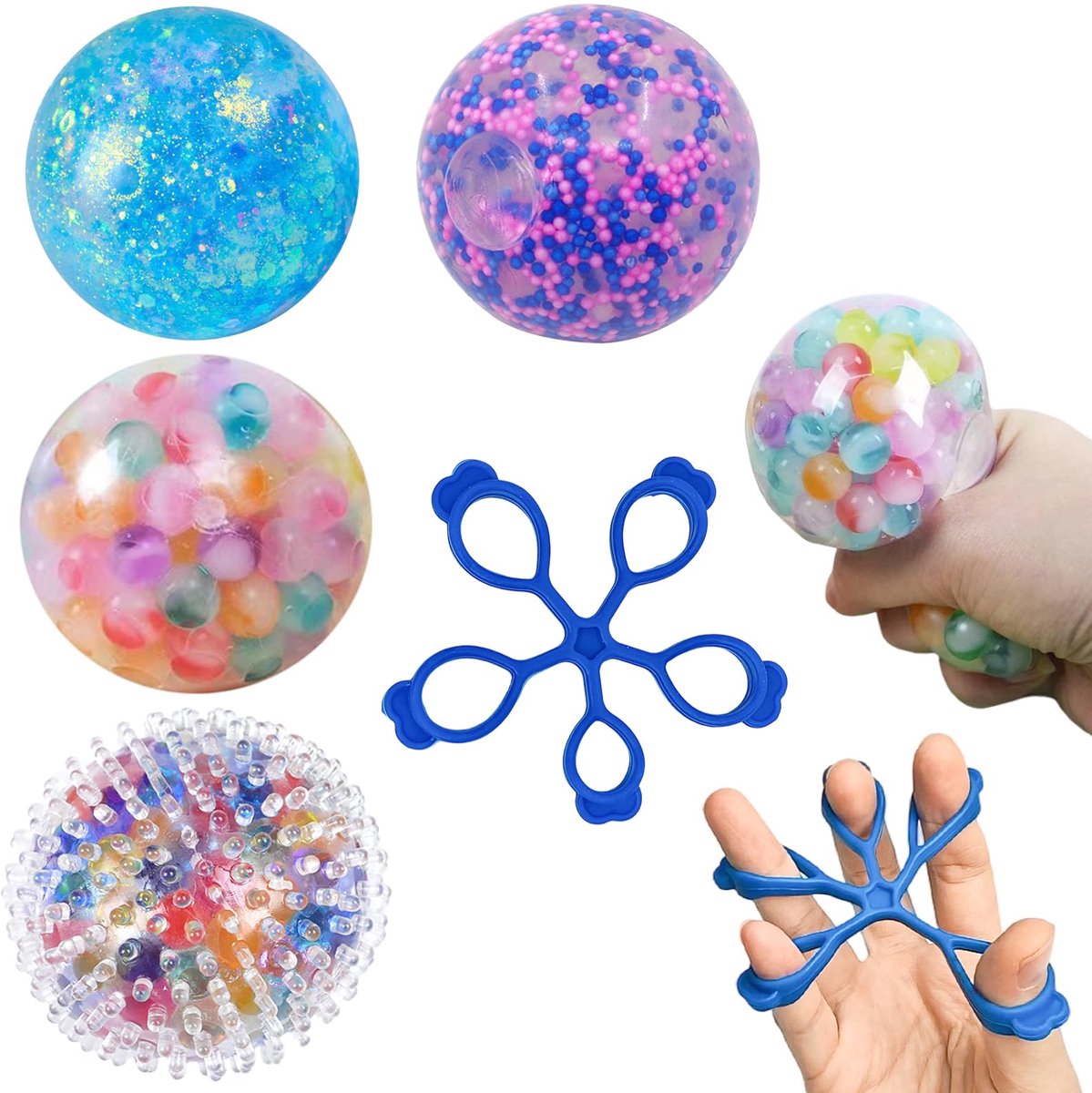 Stressballen Set voor Volwassenen - Met 4 Stressballen en 1 Handtrainer Fingertrainer - Voor Handoefening, Handtherapie, Ontspanning en Stressvermindering