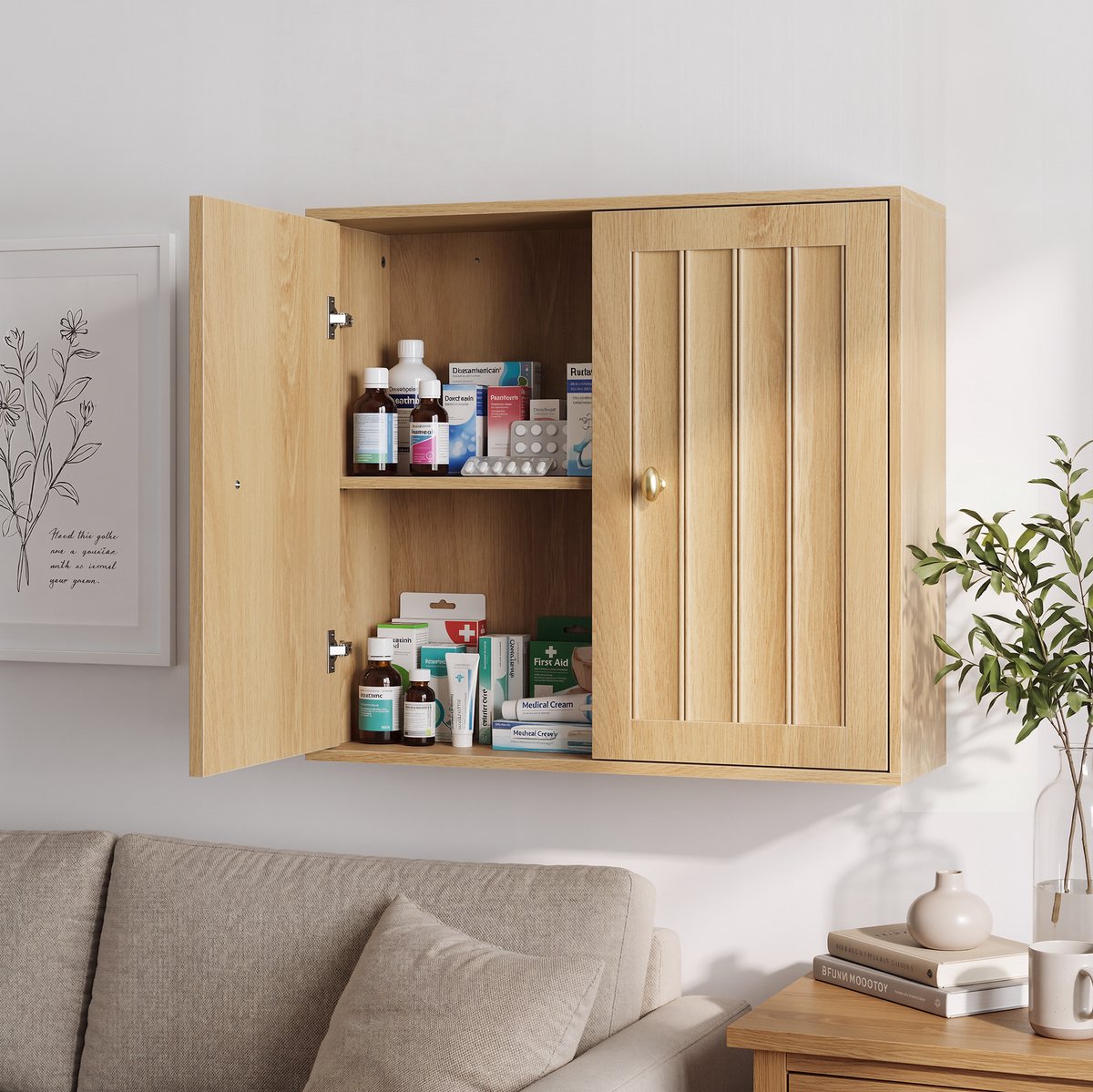 Wishdor Wandkast badkamer - Medicijnkast met twee deuren en verticale groeven - Wandmontage - Eiken - L 61,5 x B 20 x H 56 cm