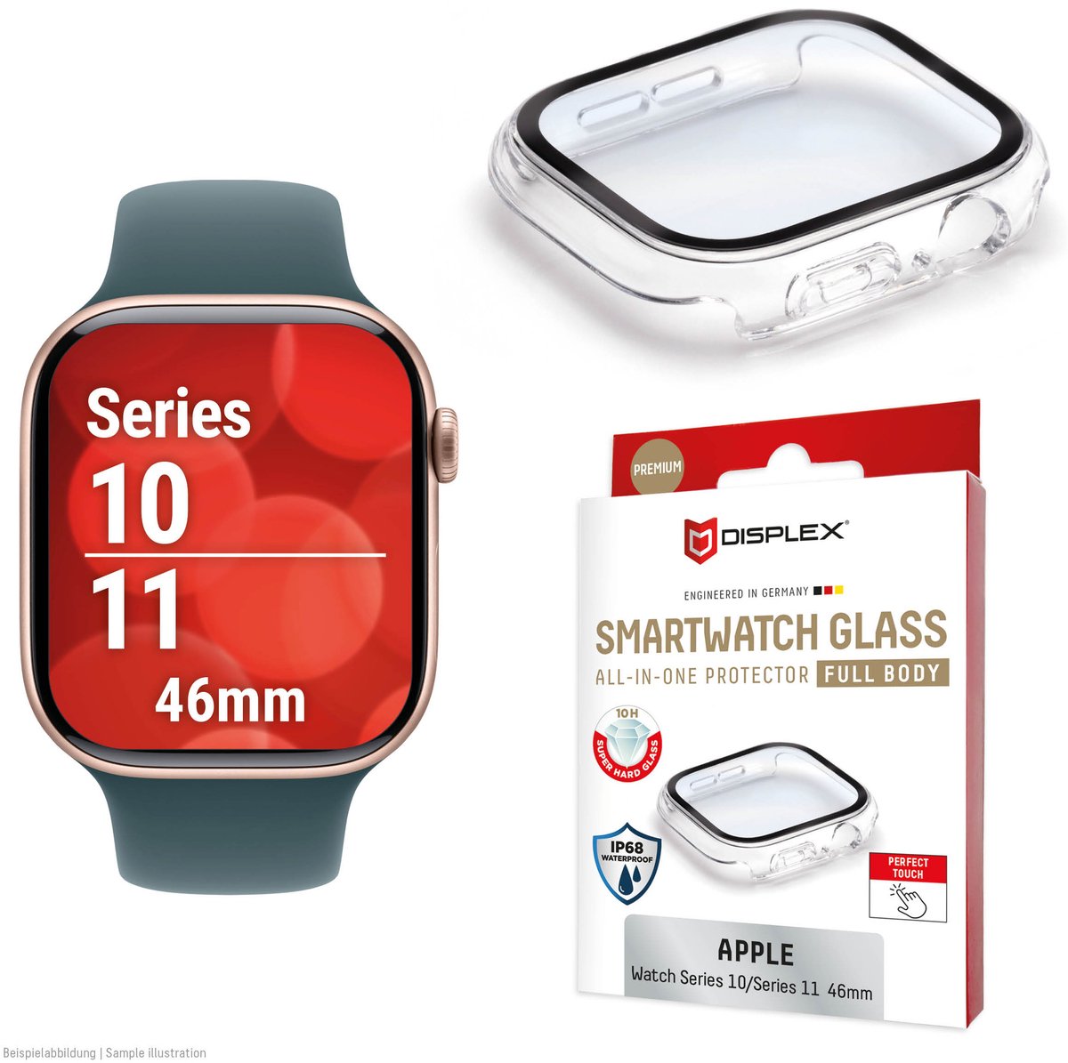 Displex 10H Panzerglas für Apple Watch 10 (46mm), Full Body Schutz, IP68, Snap-On, transparent, Schermbeschermer, Smartwatch, Transparant, Apple, Apple Watch 10 (46mm), Polycarbonaat (PC), Gehard glas