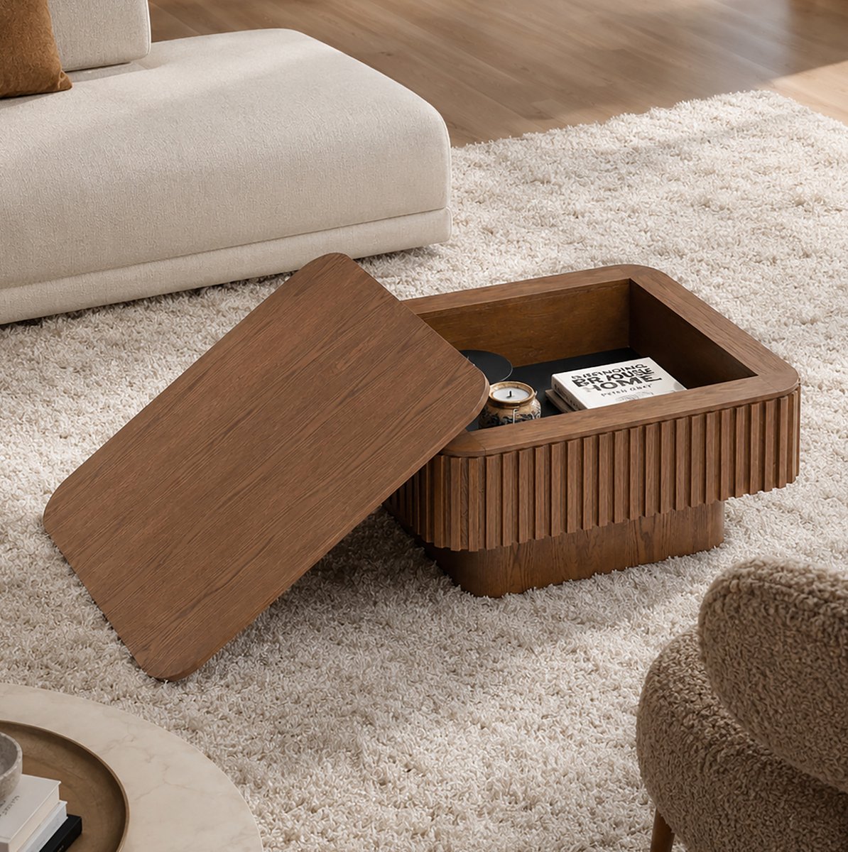 REDOM - Salontafel - Verborgen opbergruimte - Afneembaar klapdeksel - Geribbelde structuur - Modern - Woonkamer - MDF en houtfineer - Walnoot - 75 x 75 x 35 cm