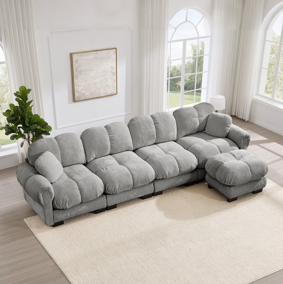 Wishdor Hoekbank - 4-zits modulair L-vormig - Chenille met mobiele ottomane - Gestikt patroon - Scandinavisch basic - Woonkamer - Lichtgrijs - 330 x 149 x 90 cm
