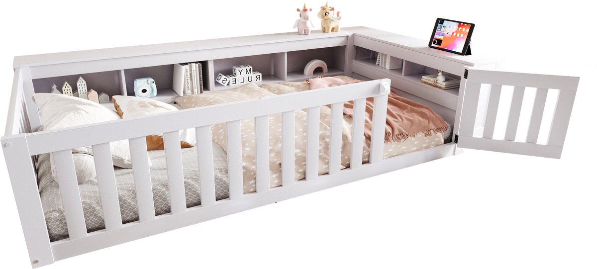 WUVRIE Kinderbed 90x200 cm met opbergvakken, veiligheidshekken en lattenbodem, wit