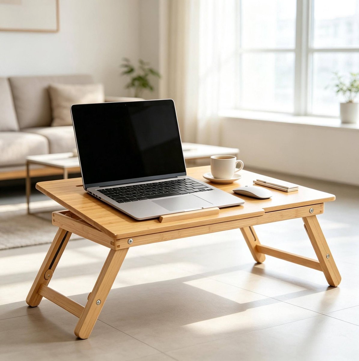 MODENUIT Bedtafel - Verstelbaar En Opklapbaar Met Lade - Voor Bed En Sofa - Bamboe - Natuurlijk - 55x35 Cm