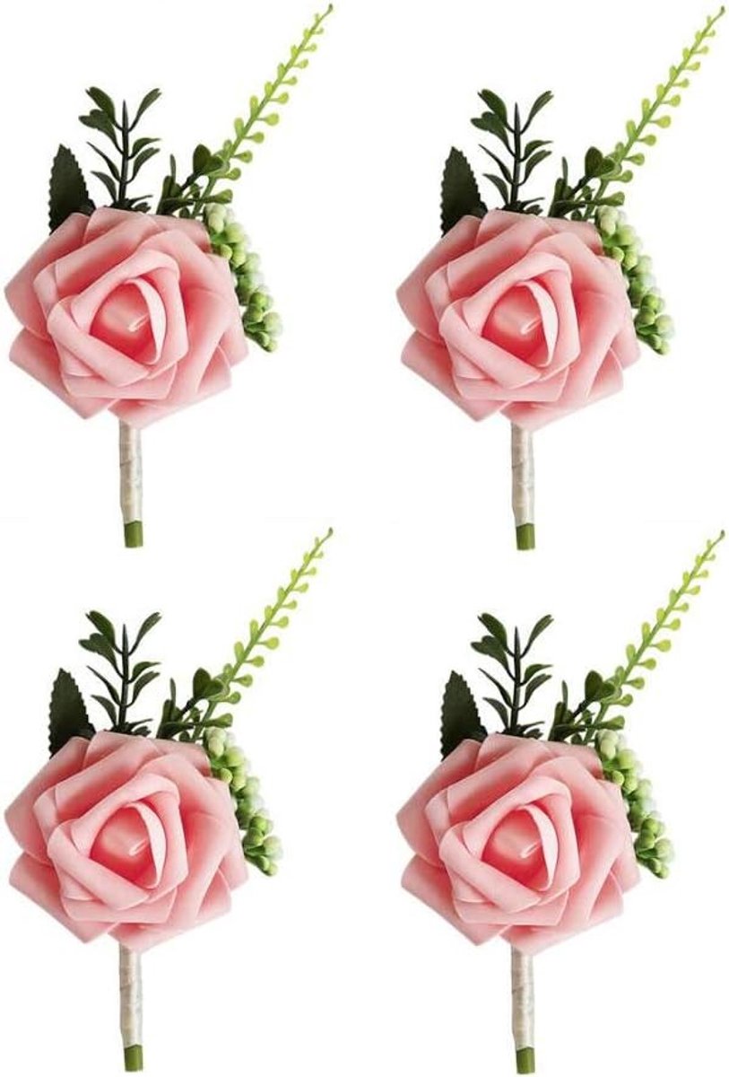 Elegante Roze Bloemen Knopen voor Bruiloft - Set van 4 Stuks voor Bruidskinderen en Boeketten, 6x3x2 inch