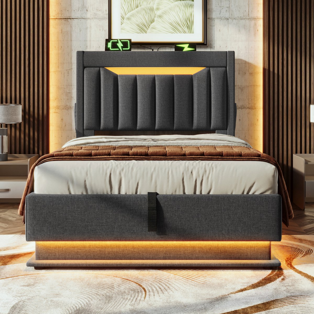 WUVRIE Gestoffeerd bed 90x200 cm met LED, USB en Type-C, hydraulische opbergruimte, grijs linnen