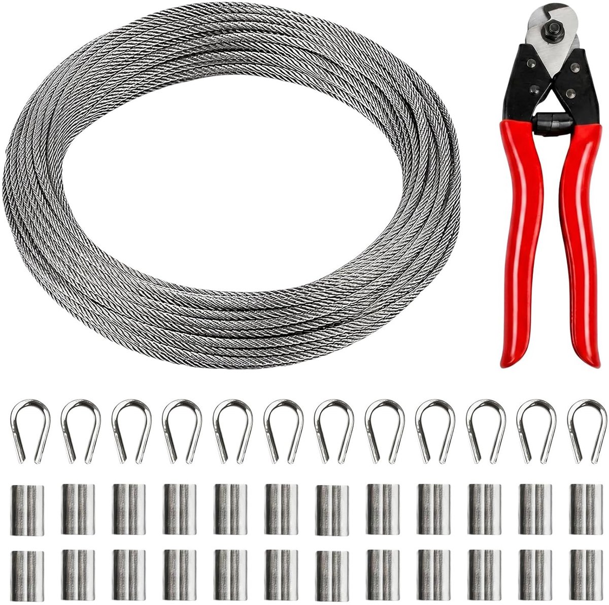 Kabelset van RVS 30 m 3 mm met draadknipper, 12 thimbles en 24 krimpkousen voor verlichting, klimplanten en hekwerk
