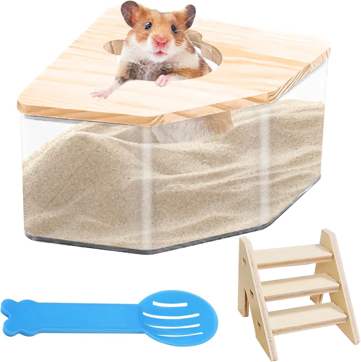 Transparante zandbad voor hamsters - Toiletcabine met ladder en schep - Zandbak voor knaagdieren zoals hamsters, muizen en gerbils met vierkante vorm