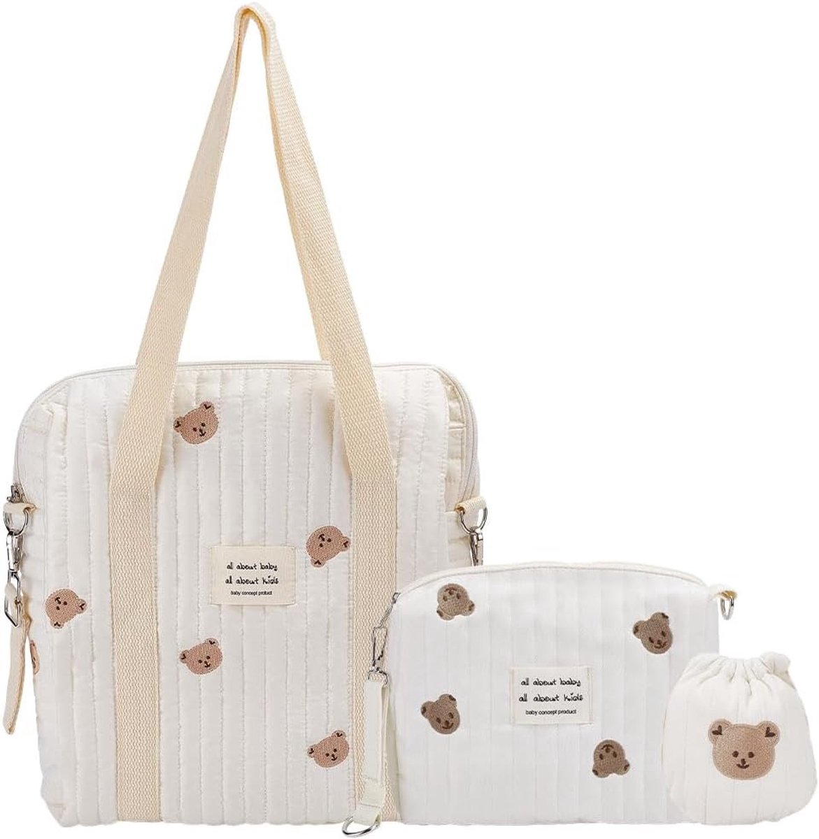 Schattige multifunctionele katoenen luiertas voor moeders, grote draagtas voor onderweg, ziekenhuis en kinderwagen, 3 stuks
