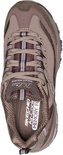 Bovenaanzicht van bruine Skechers D'Lites sneakers, met veters en het 'Air-Cooled Memory Foam' logo op de binnenzool.