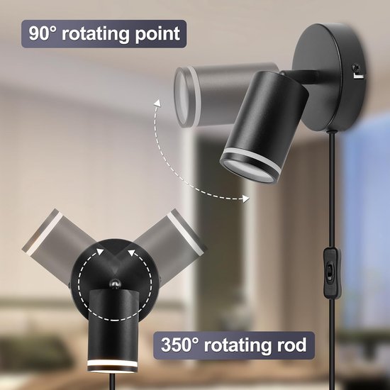 Wandlamp met schakelaar Zwenkbaar 350° - Wandlamp binnen met stekker en schakelaar Zwart Wandspot GU10 Wandlamp met kabel voor woonkamer slaapkamer, keuken, gang, Zonder lichtbron [Energieklasse A] — afbeelding 2