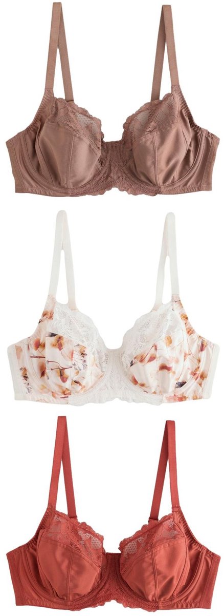 Next Dames - 3 Niet-gewatteerde DD+ beha’s met volledige cups - Crème Cream Floral/Rust/Brown