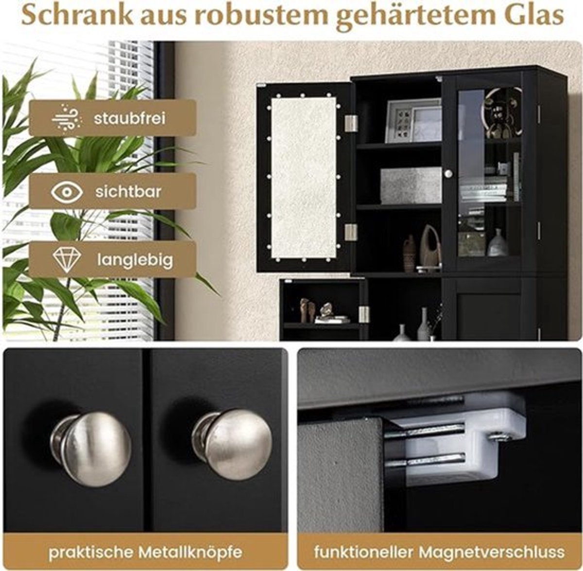 Keukenkast - Hoge Kast Met Glazen Deuren - Vrijstaand Keukenbuffet - 60x31.5x161.5 cm - Wit