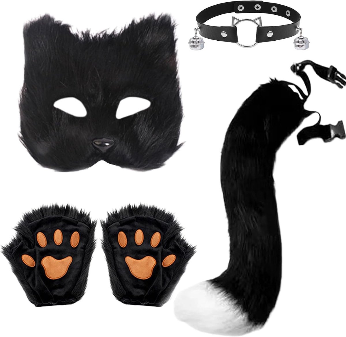 Masker Set met Vosmasker, Vosstaart Ketting en Neppels Handschoenen – Perfect voor Halloween Kostuum Accessoires voor Vrouwen