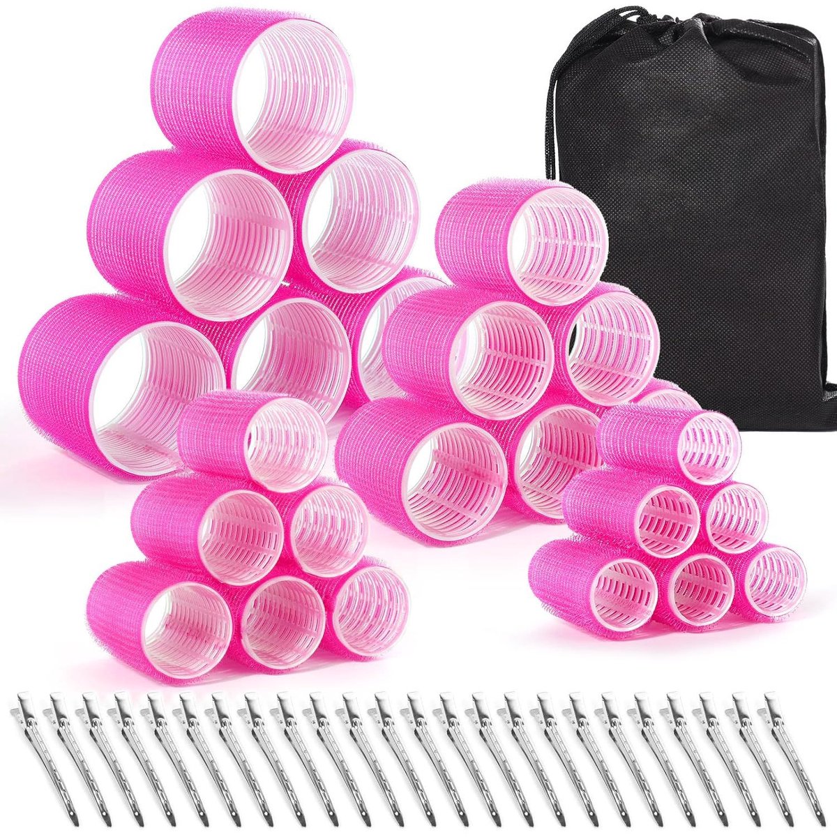 Set van 24 krulspelden (6 jumbo, 6 groot, 6 medium, 6 klein) en 24 clips voor alle haarlengtes (roze)