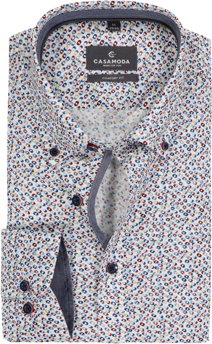 CASA MODA Sport comfort fit overhemd - popeline - wit met blauw - bordeaux en oker dessin