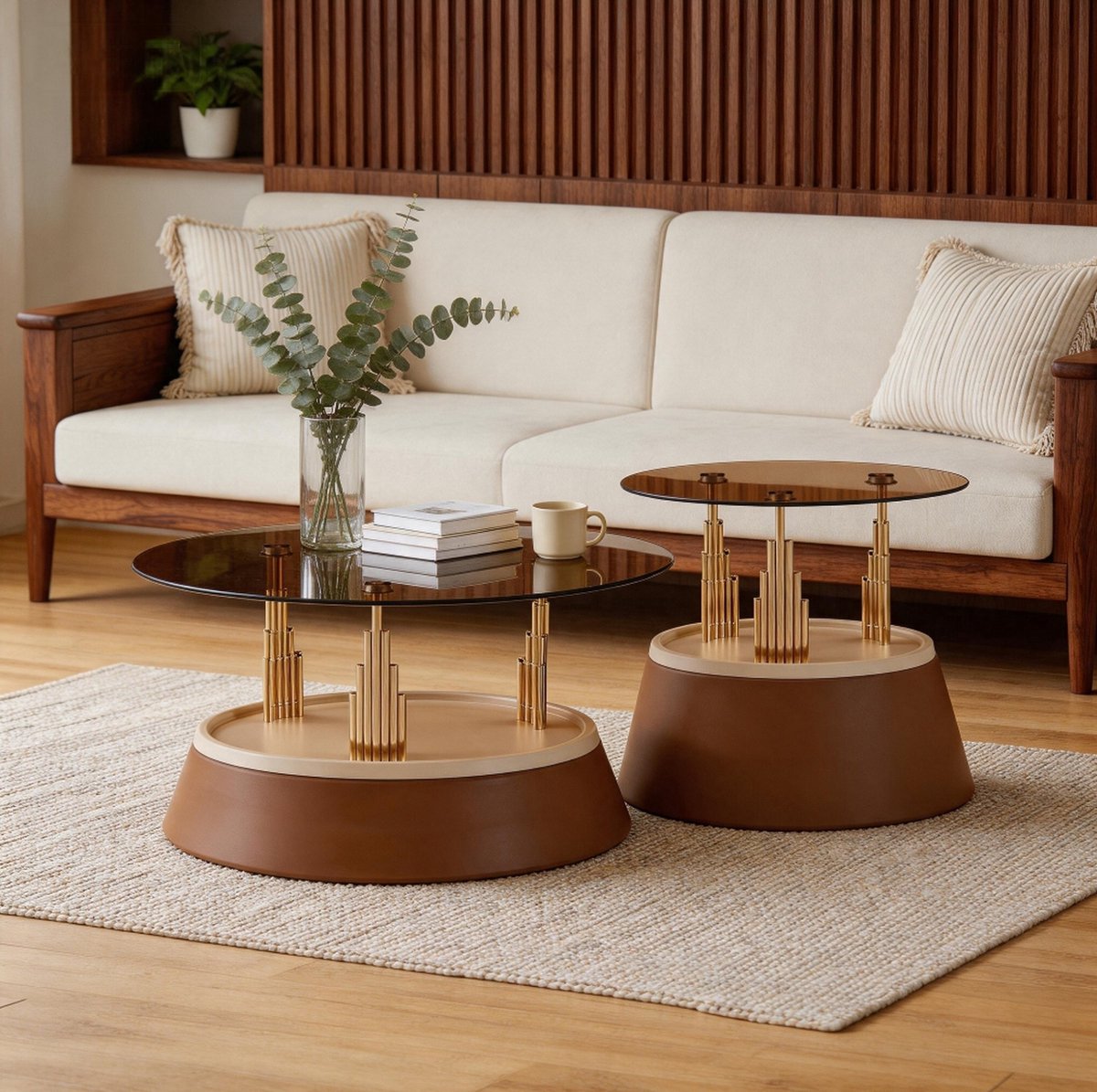 Wishdor Couchtisch-set - Set van 2 - Ronde glazen bladen - Nesting design ruimtebesparend - Modern - Woonkamer hal - Glas en metaal - Bruin - 70 x 70 x 48 cm