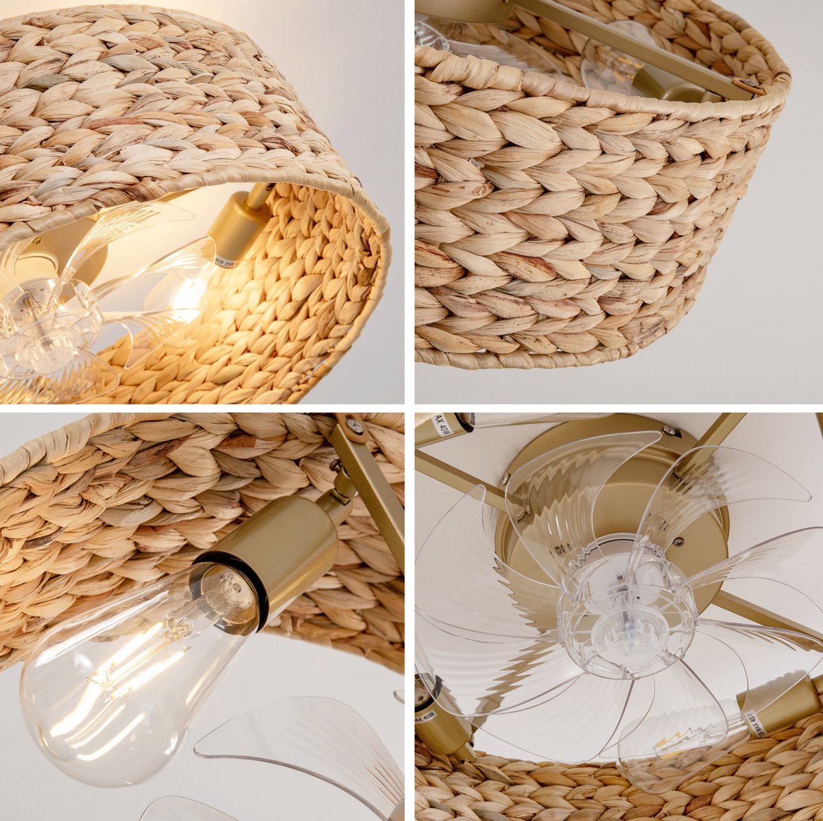 FloraGrace Plafondlamp Met Ventilator – Handgeweven Rattan Design – 50 Cm – Kunststof En Rattan – Koper – Slaapkamer En Kleine Ruimtes – 6 Snelheden