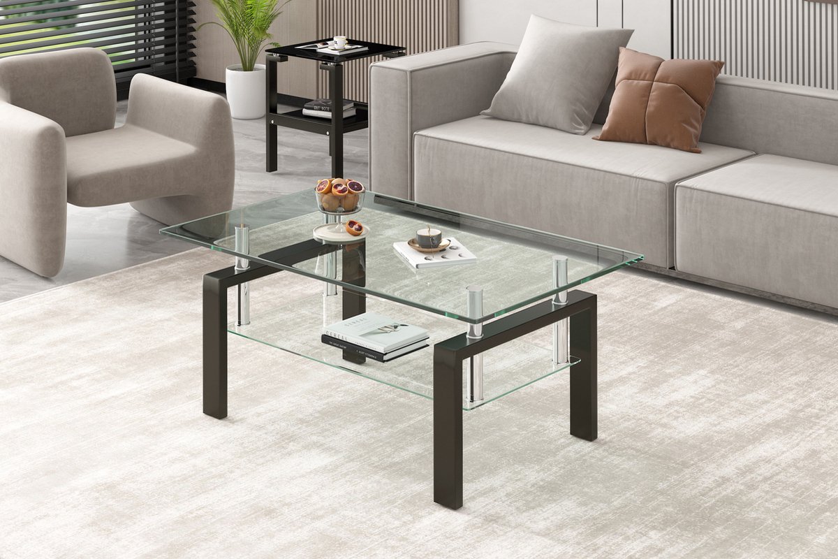 MODENUIT Salontafel - Dubbele Gelaagde Tafel Met Gehard Glas - Voor Woonkamer En Kantoor - Glas En Metaal - 100x60x44 Cm - Transparant