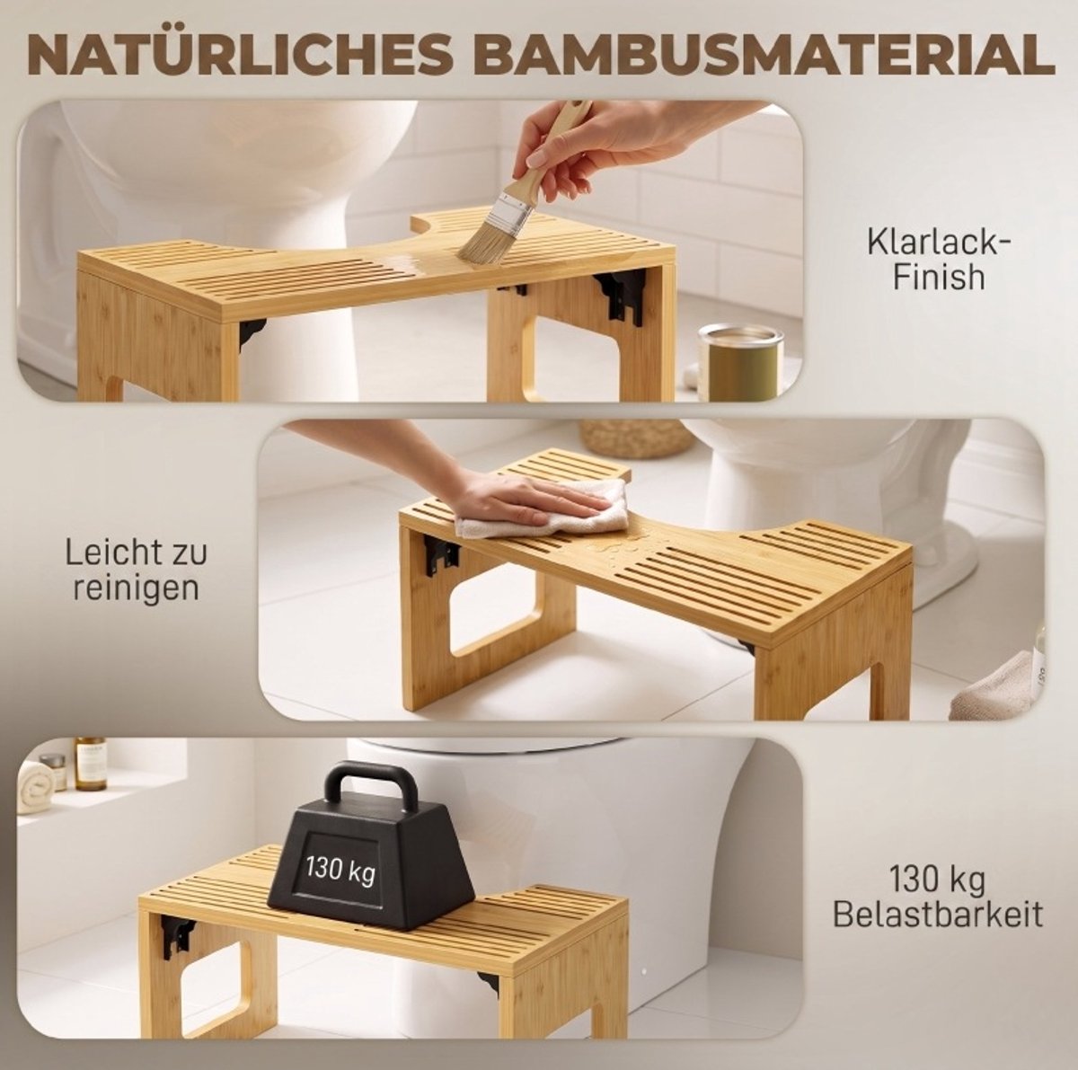 REDOM - Toiletkruk - U-vormige opening - Klapbaar ontwerp - Antislip voetpads en groeven - Voor badkamer en toilet - Bamboe - Eikenhout - 42,5 x 25 x 20 cm