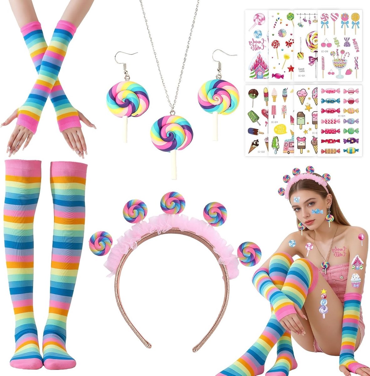 14-delige Lollipop kostuumset voor vrouwen met hoofdtooi, oorbellen, ketting, armwarmers, sokken en snoepstickers. Perfect voor carnaval, themafeesten en verkleedpartijen.
