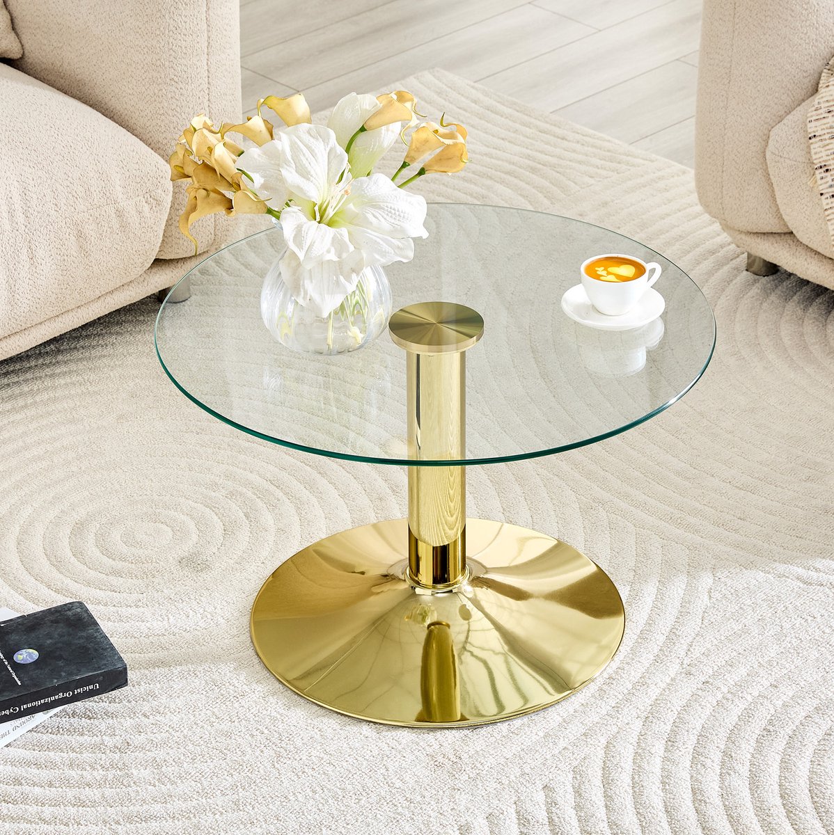 Wishdor Ronde salontafel - Geharde glasplaat en metalen basis - Modern en onderhoudsvriendelijk - Woonkamer lounge - Glas en metaal - Goud - Ø 70 x 45 cm