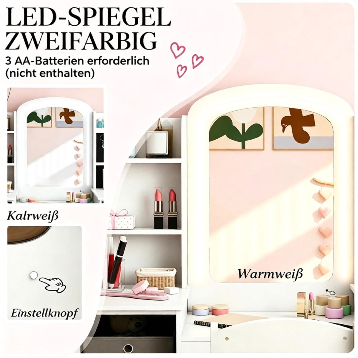 OKWISH Kinder Kaptafel Met LED Spiegel En 1 Stoel Voor Speelkamer En Kinderkamer Wit MDF 104 X 40 X 112 Cm Met Opbergruimte