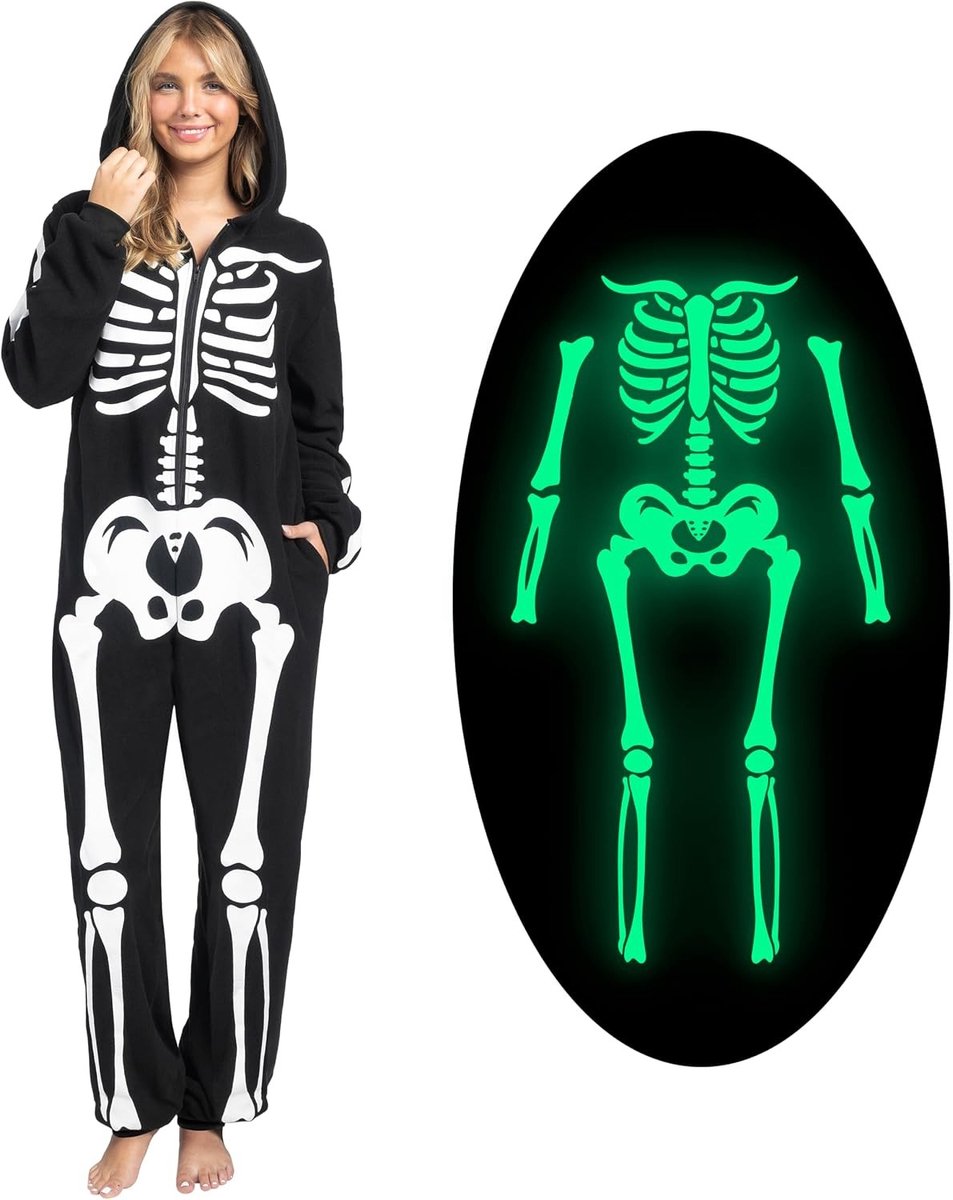 Vrouwelijk Glow in the Dark Skelet Kostuum voor Halloween - Jumpsuit met Capuchon en Rits, Perfect voor Feestjes en Thema-avonden