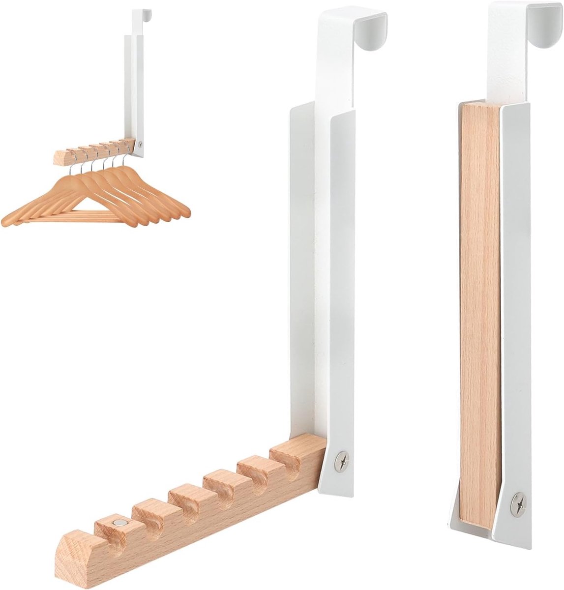 Set van 2 Deur Kledinghangers, Opvouwbare Haak voor 6 Kledingstukken, Metalen en Houten Deurhaken zonder Boren, Ideaal voor Thuisgebruik