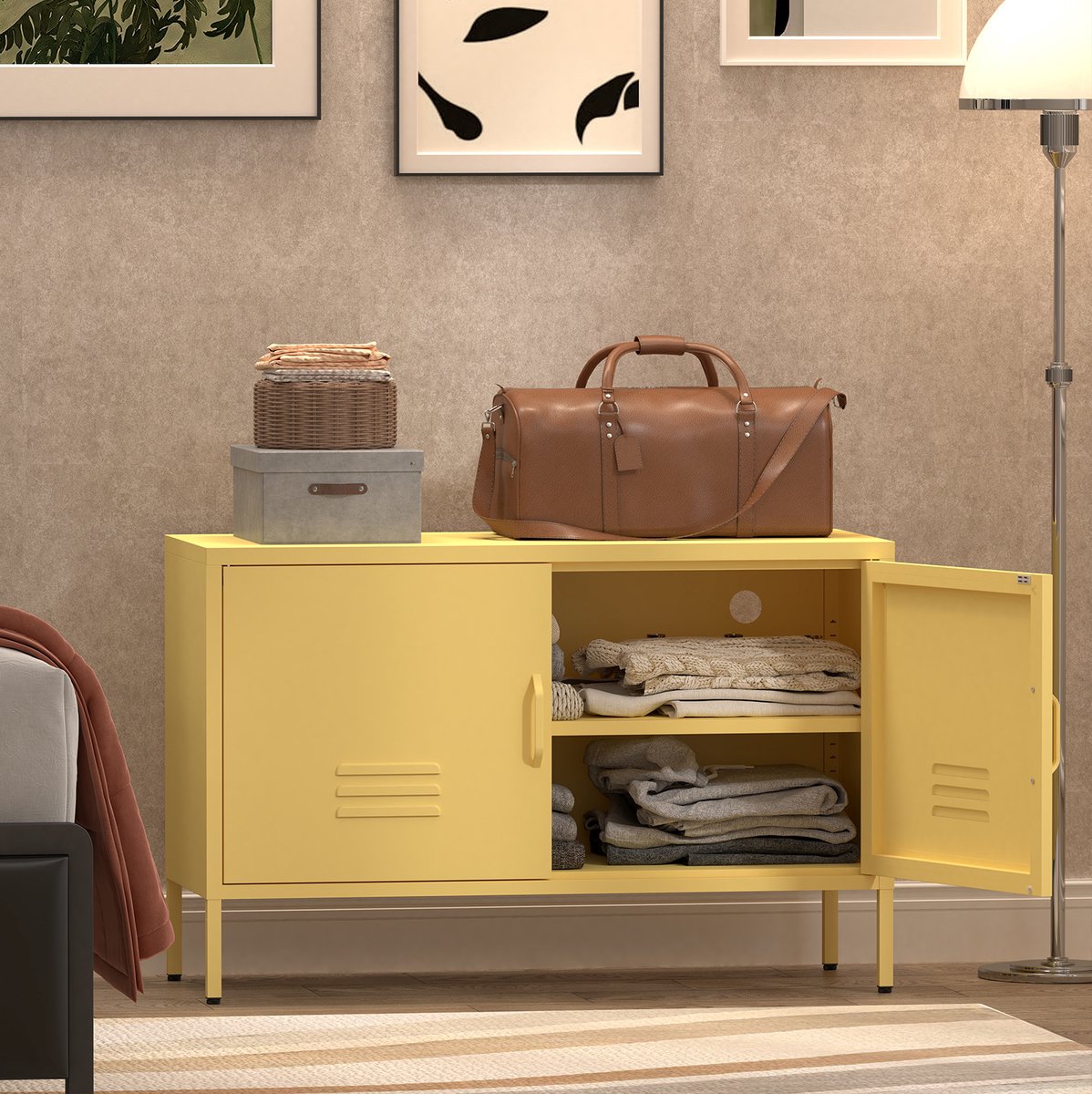 Opbergkast Van Staal Met Verstelbare Legplanken En Kabeldoorvoer Voor Woonkamer Slaapkamer En Hal Geel 112 X 54 5 X 17 Cm