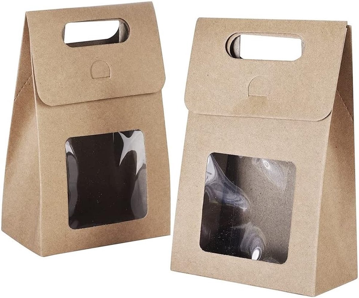 Set van 25 Papieren Cadeauzakken met Handvatten en Venster voor het Inpakken van Cadeaus, Snoep en Koekjes - Bruin