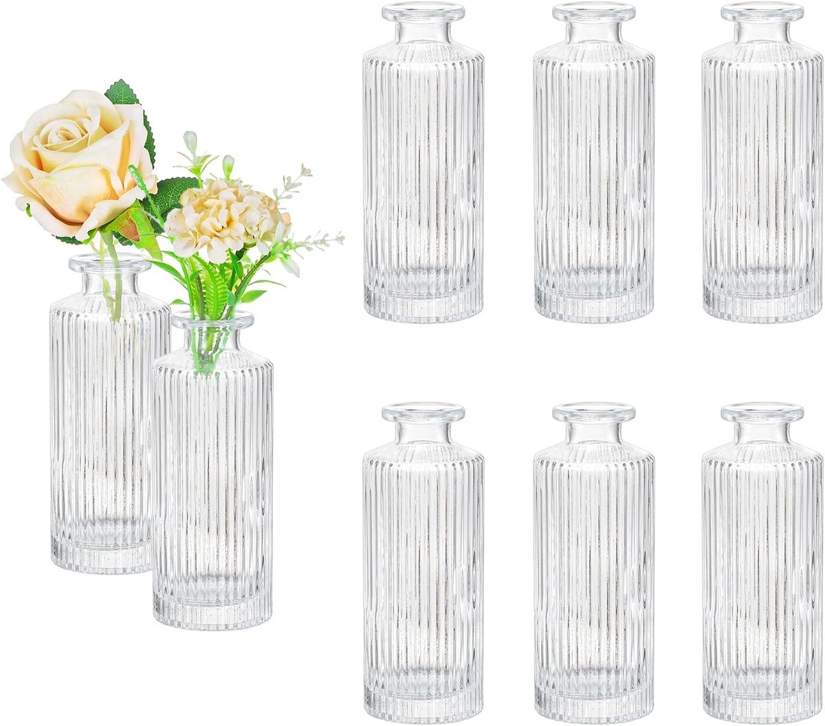 Vintage Decoratieve Glazen Vazen Set: 8 Ribbelige Kleine Vazen voor Tafeldecoratie met Rozen en Bloemen