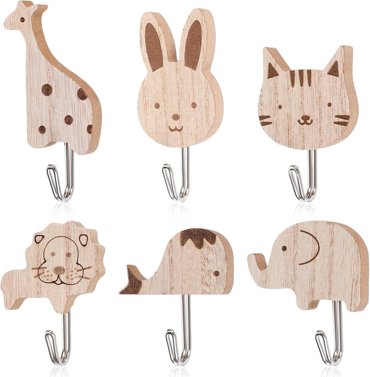 Schattige Dieren Wandhaken - 6 Stuks Zelfklevende Houten Haakjes voor Kinderen, Perfect voor Slaapkamer, Badkamer en Keuken