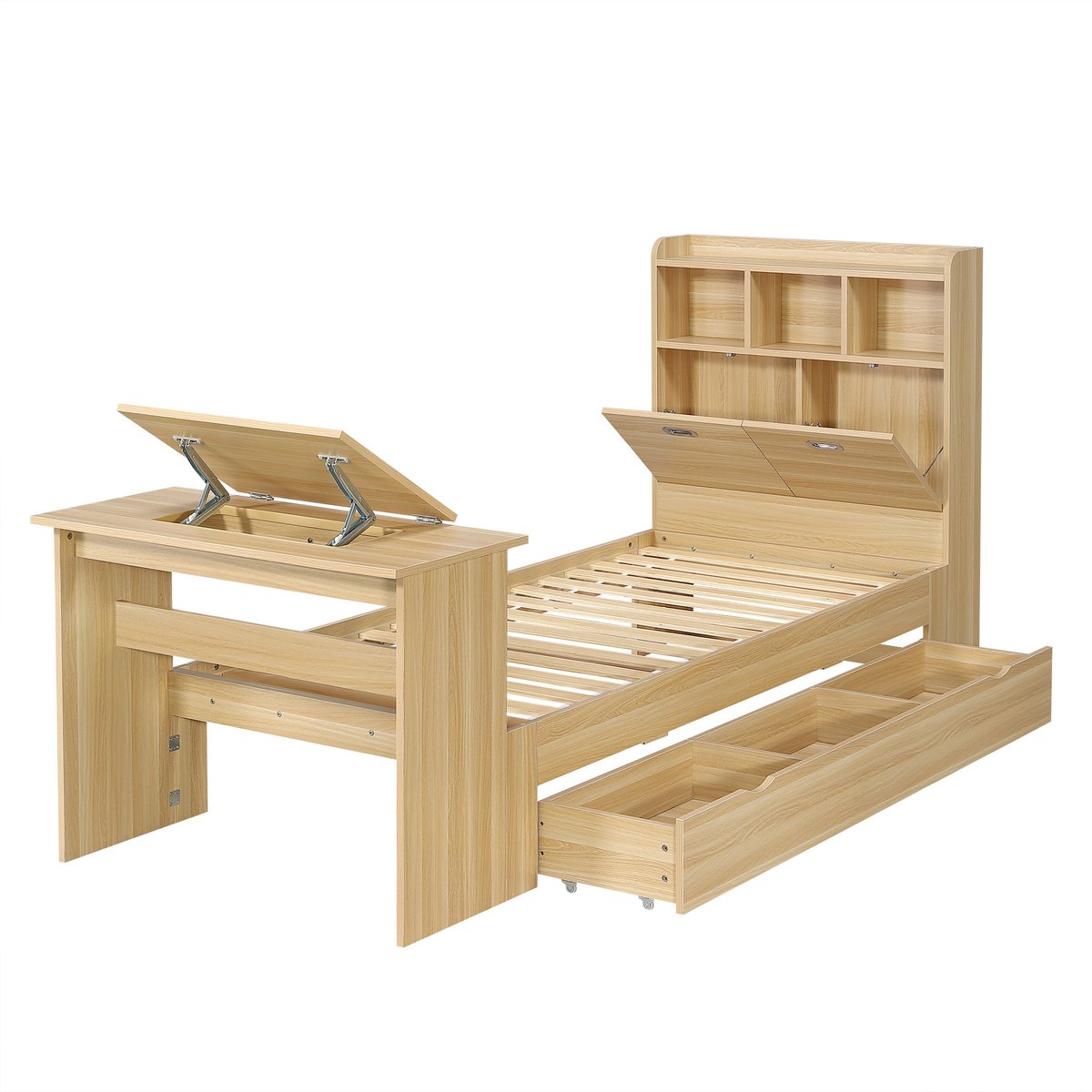 WUVRIE Normaal bed 90x200 cm met opberglade, klaptafel en hoofdbordplank in naturel