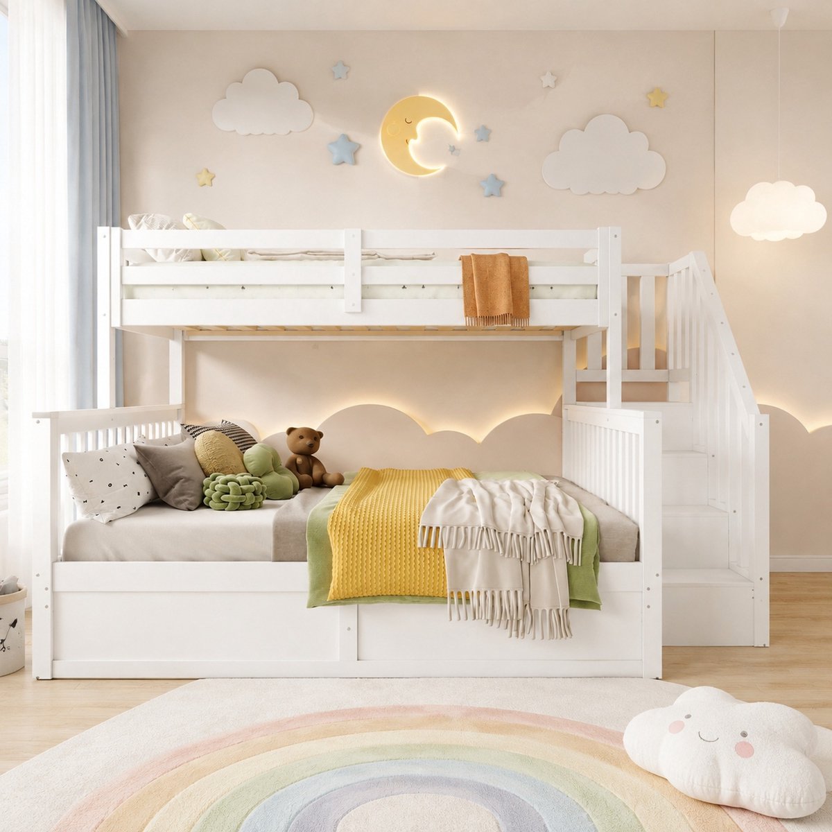 COVREO Stapelbed met trap en opbergruimte – Kinderbed met bergruimte – Bed voor 2 kinderen – 255x146,5x150 cm – Wit - zonder matras