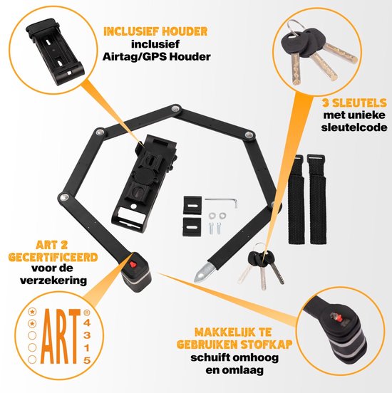 VINZ Pamir ART 2 Vouwslot - Fietsslot - Goedgekeurd Elektrische Fiets & Fatbike slot - Licht ART 2 Slot - Met uitsparing voor Airtag / GPS Tracker - 96cm van VINZ — afbeelding 2